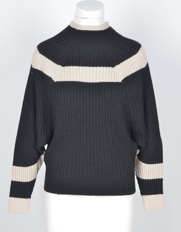 Black&Beige Alpaca and Wool Blend Women's Turtleneck Sweater
