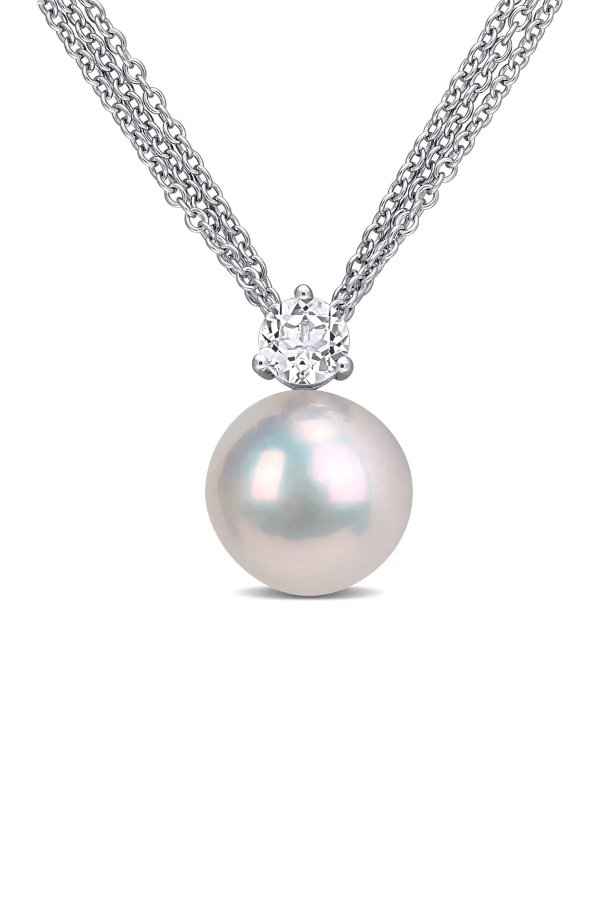 925 纯银 11-12 毫米养殖淡水珍珠&托帕石项链