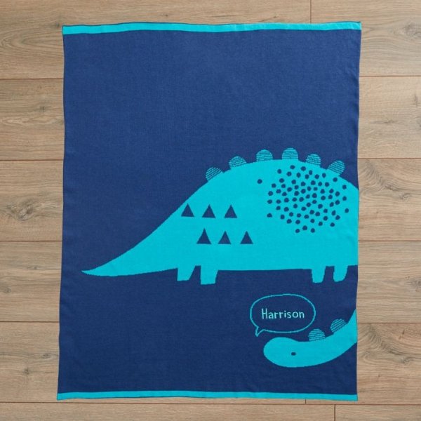 Personalized Blue Dinosaur Knitted Intarsia Blanket