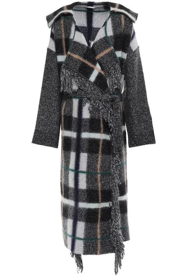 Oversized fringe-trimmed checked wool-blend coat