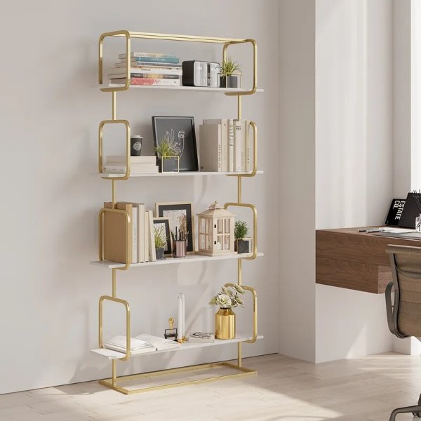 70.9" Modern Freestanding Etagere Bookshelf in Gold & White-Homary