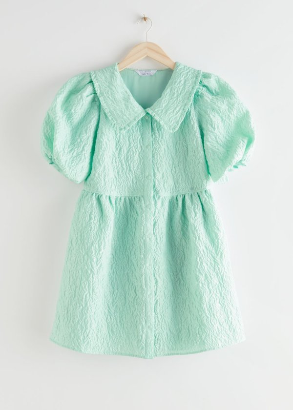 Buttoned Puff Sleeve Jacquard Mini Dress