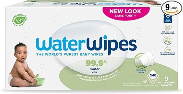 Plastic-Free Textured Clean, Toddler & Baby Wipes, 99.9% Water Based Wipes, Unscented & Hypoallergenic For Sensitive Skin, 540 Count (9 Packs), Packaging May Vary