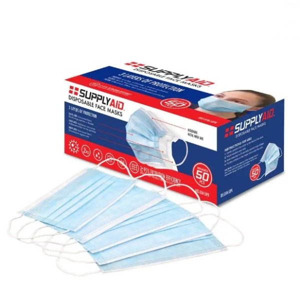 SUPPLYAID 3-Layer Disposable Face Masks (50-Count)