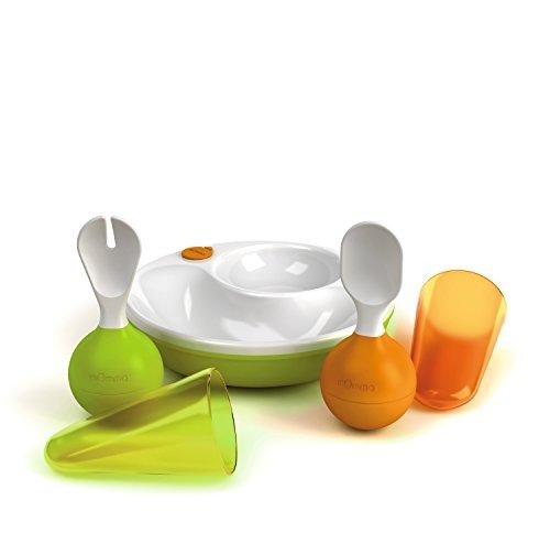 Momma Mealtime Developmental Meal Set for Young Child, Comes with Warm Plate, Fork, and Spoon, Water Chamber Keeps Food Warm or Cold, Orange and Green