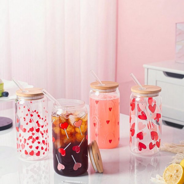1pc/4pcs 400ml Clear Heart Shape Glass Cup With Straw, Bamboo Lid For Diy, Valentine'S Day Gift