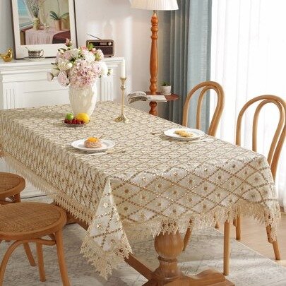 Flower Embroidered Sequin Decor Tablecloth