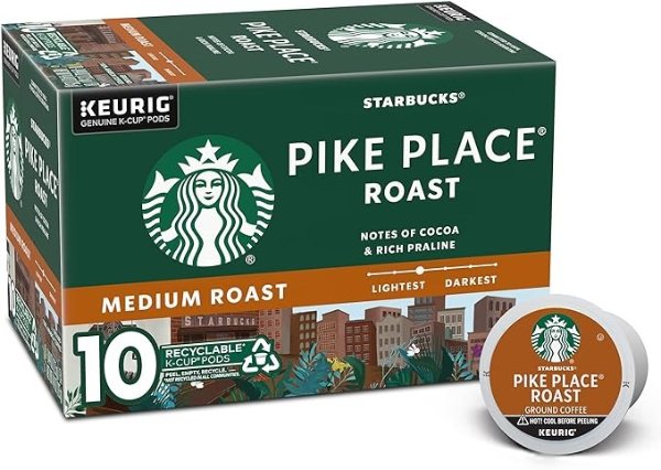 Starbucks K-Cup Coffee Pods, Medium Roast Coffee, Pike Place Roast For Keurig Coffee Makers, 100% Arabica, 1 Box (10 Pods)
