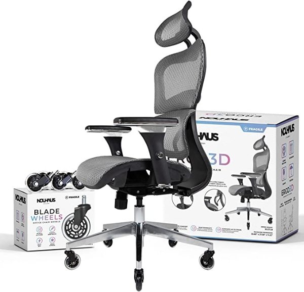 NOUHAUS Ergo3D Ergonomic Office Chair - Rolling Desk Chair with 4D Adjustable Armrest, 3D Lumbar Support and Blade Wheels - Mesh Computer Chair, Office Chairs, Executive Swivel Chair (Grey)