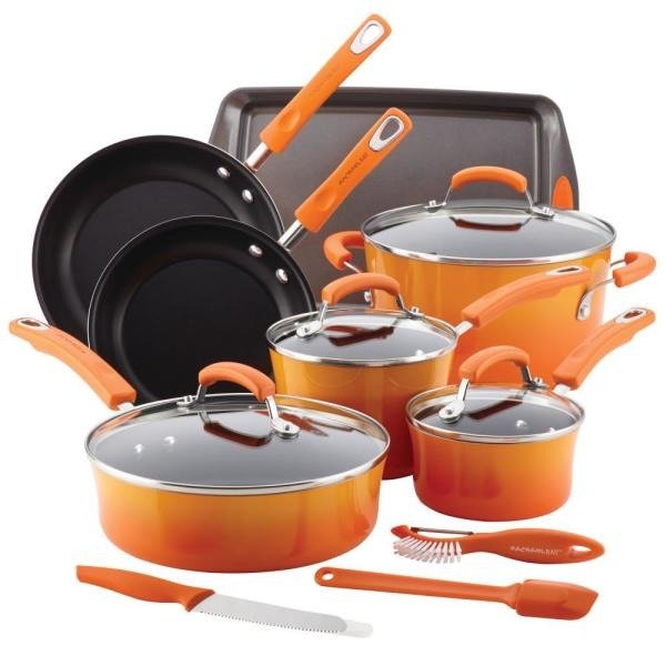 Classic Brights 14-Piece Orange Porcelain Nonstick Cookware Set with Bakeware and Tools 19019 - The Home Depot