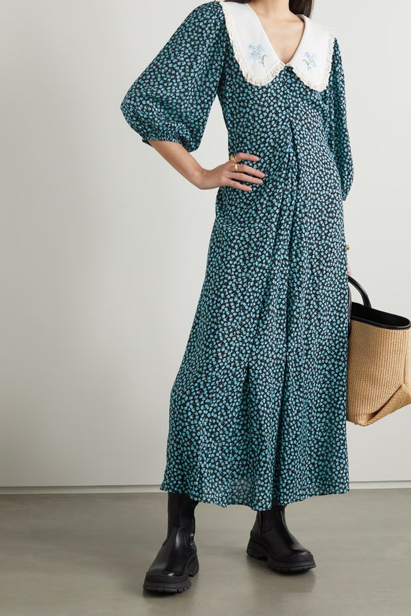 Liudmyla embroidered cotton-trimmed floral-print crepe midi dress