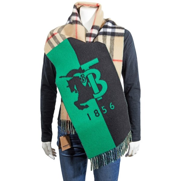 Check and Contrast Logo Graphic Wool Cashmere Scarf