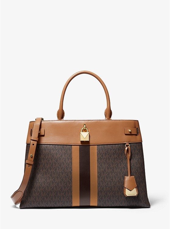 Gramercy Large Striped Leather and Logo Satchel