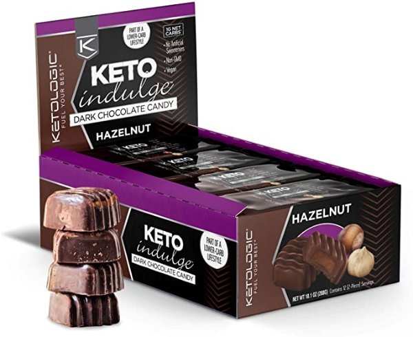 Keto Indulge Sugar Free Chocolate: Keto Chocolate Candy - Low Carb, Dark Chocolate with No Artificial Sweeteners & No Added Sugar - All Natural, Non GMO, Keto Sweets - Hazelnut (12 Serve)