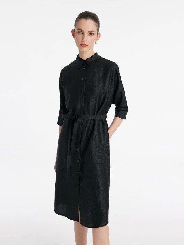 18 Momme Xiang Yun Silk Single-Breasted Women Midi Shirt Dress With Belt