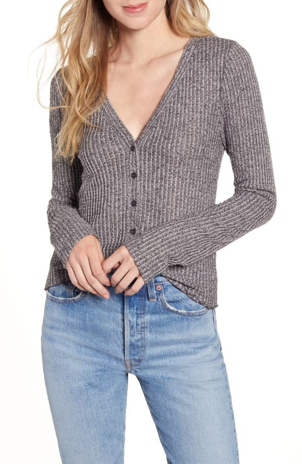 Button Front Long Sleeve Waffle Knit Top