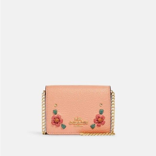 Mini Wallet On A Chain With Floral Whipstitch