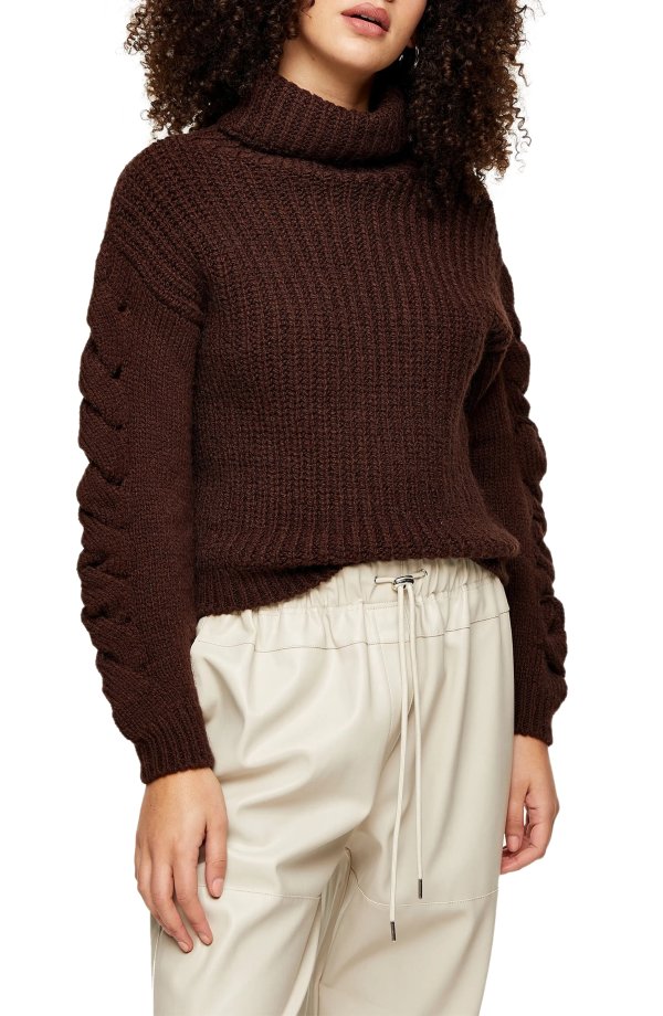 Cable Knit Sleeve Turtleneck Sweater