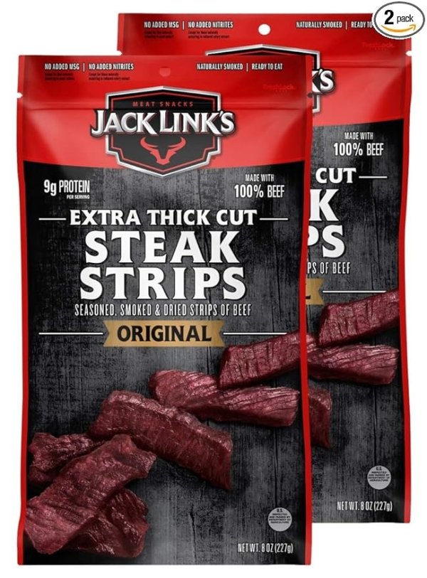 Jack Link’s Steak Strips, Beef Jerky, Original Flavor, Snack Bags, Extra Thick Cut Protein Snacks, Ready To Eat - 9g of Protein and 70 Calories per Serving, Made with Premium Beef, 8 Oz (Pack Of 2)