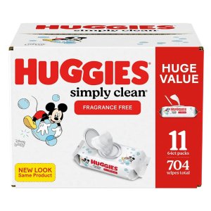 HuggiesBaby Wipes, Unscented, Huggies Simply Clean Fragrance-Free Baby Diaper Wipes, 11 Flip Lid Packs (704 Wipes Total)