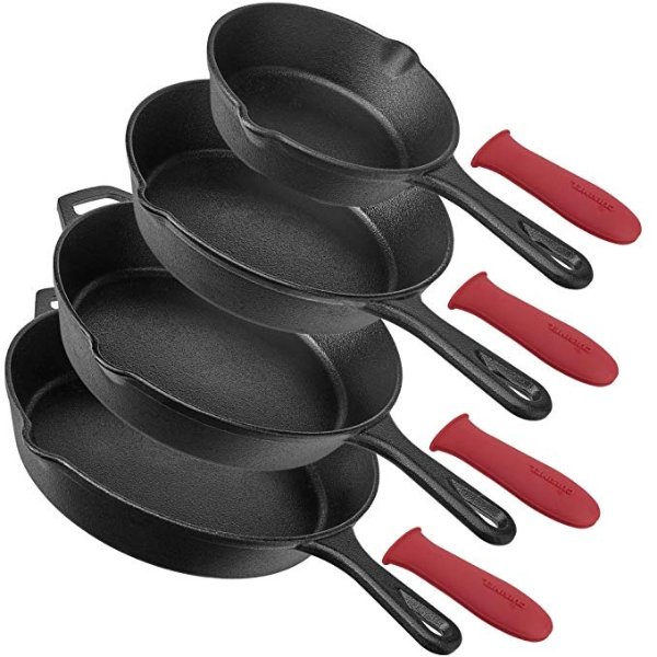 Pre-Seasoned Cast Iron Skillet 4-Piece Complete Chef Set (6-Inch 8-Inch 10-Inch 12-Inch) Oven Safe Cookware | 4 Heat-Resistant Holders | Indoor and Outdoor Use | Grill, Stovetop, Induction Safe