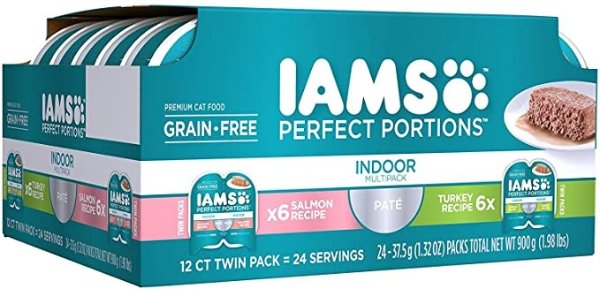 Iams Premium Cat Food Grain Free Perfect PORTIONS Indoor Multi Pack 6- (12-Servings) Salmon Recipe, 6- (12-Servings) Turkey Recipe