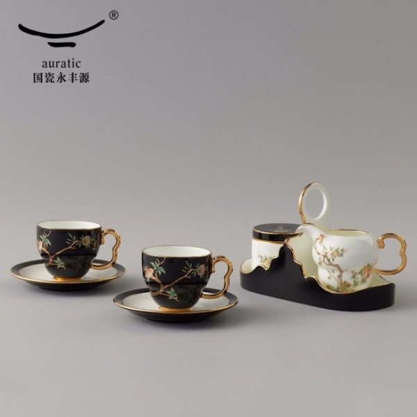 Auratic 国瓷永丰源 夫人瓷·石榴家园8头咖啡套具 陶瓷咖啡杯套装
