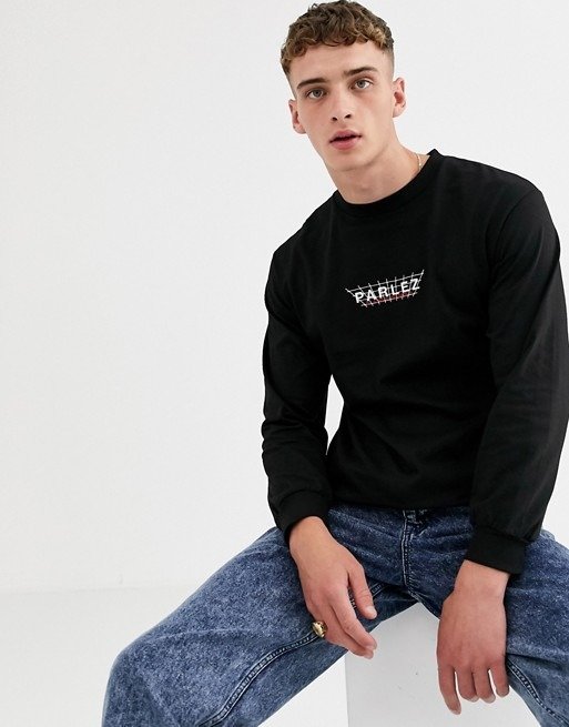 Parlez Byers embroidered long sleeve top in black | ASOS