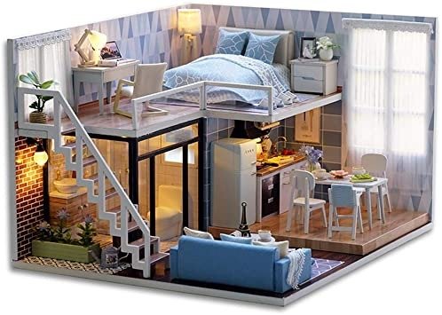 Dollhouse Miniature with Furniture, DIY Wooden Dollhouse Kit Plus Dust Proof and Music Movement, 1:24 Scale Creative Room for Valentine's Day Gift Idea(Blue time)