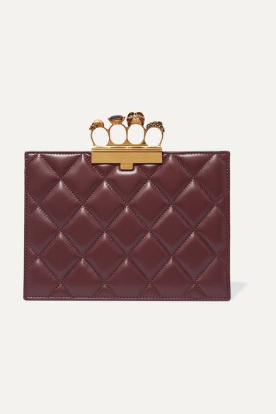 Knuckle embellished quilted leather clutch