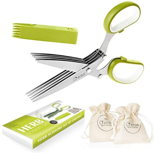 Herb Scissors Set - Multipurpose Cutting Shears with 5 Stainless Steel Blades, Jute Pouches, and Safety Cover with Cleaning Comb - Cutter / Chopper / Mincer for Herbs - Kitchen Gadget