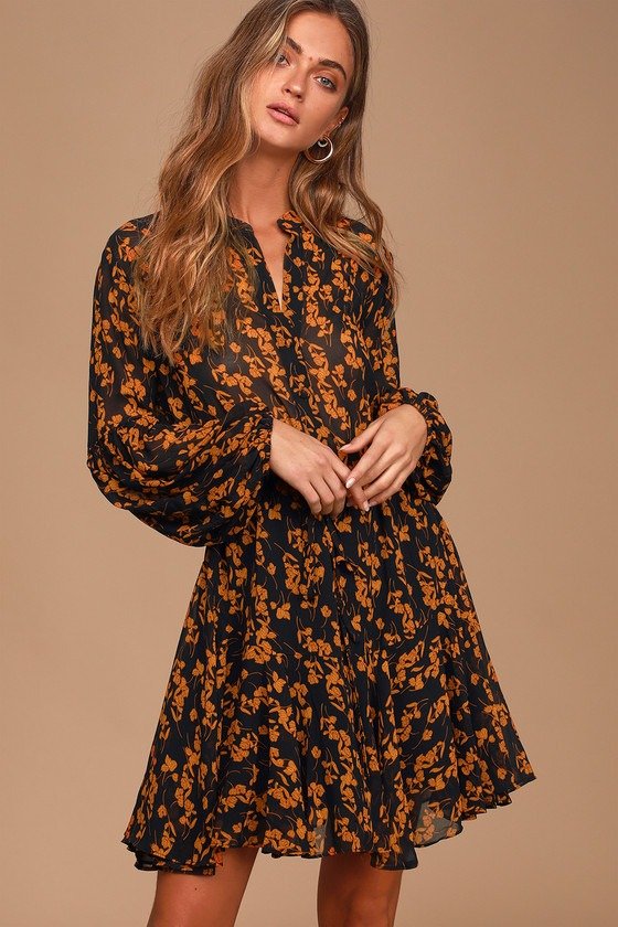 Lulu's LULUS Sashay My Way Black Floral Print Long Sleeve Mini Dress 65.00