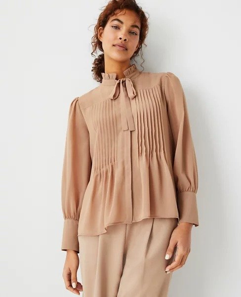 Pintucked Tie Neck Blouse | Ann Taylor