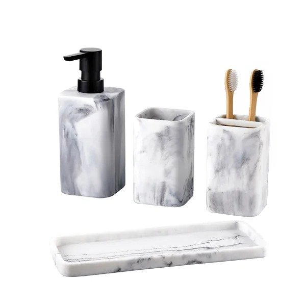 Mercer41 Bathroom Accessory 4 Piece Set, Complete Vanity Countertop Accessory Set With Marble Look, Soap/lotion Dispenser, Toothbrush Holder, Tumbler, And TrayMercer41 Bathroom Accessory 4 Piece Set, Complete Vanity Countertop Accessory Set With Marble Look, Soap/lotion Dispenser, Toothbrush Holder, Tumbler, And TrayRatings & ReviewsQuestions & AnswersShipping & ReturnsMore to Explore