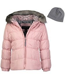 Little Girls Hooded Puffer Jacket With Faux-Fur Trim & Hat