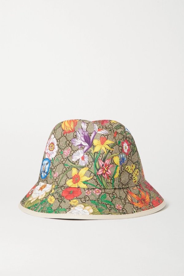 Leather-trimmed printed coated-canvas bucket hat