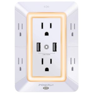 POWRUI 6-Outlet Extender with 2 USB Charging Ports and Night Light USB Wall Charger