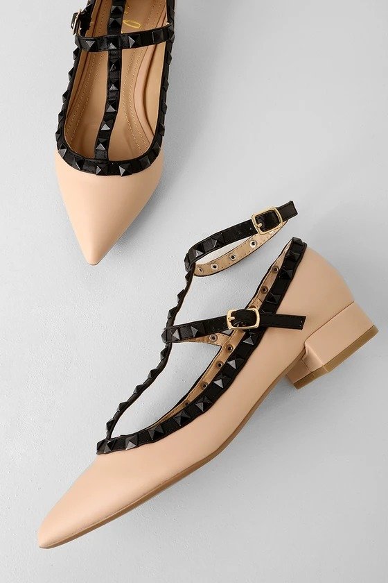 Audra Nude Strappy Studded Low Pointed Toe Heels