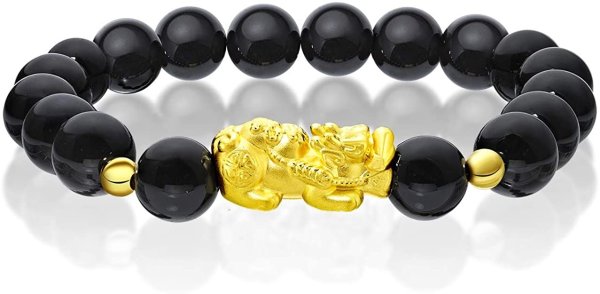 999 Pure 24K Gold Large Pixiu and Agate Marbles Bracelet for Men (Black)