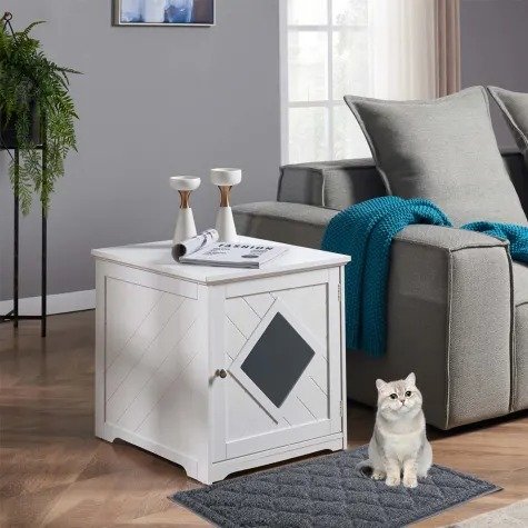 White Wooden Cat Litter Box Cover with Mat, 19