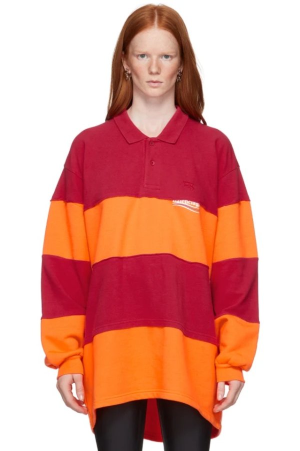 Orange & Red Patchwork Long Sleeve Polo