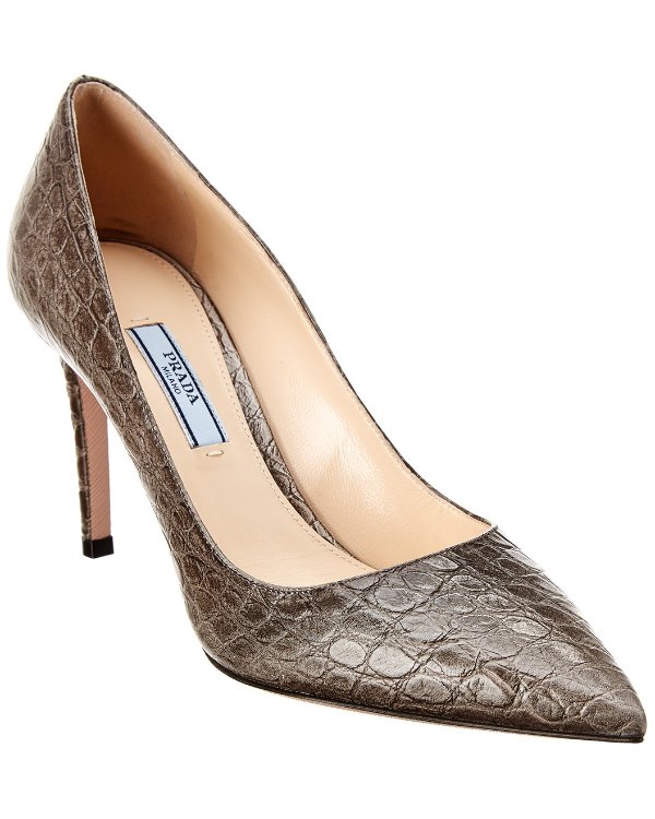 Croc-Embossed Leather Pointy-Toe Pump