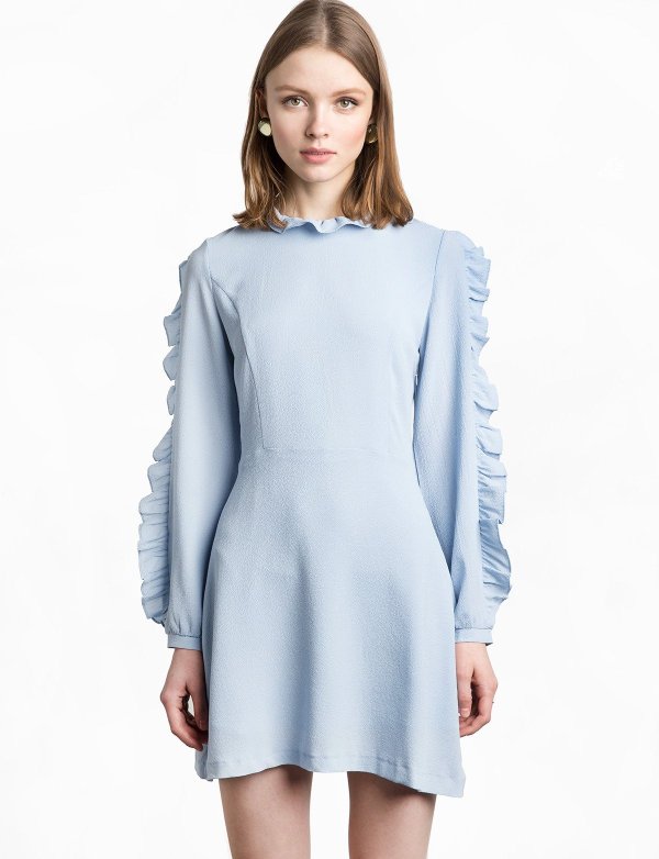 Blue Crepe Ruffled Sleeve Dress