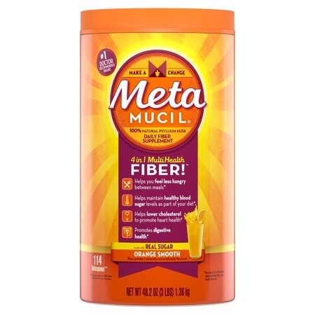 Metamucil Multi-Health Psyllium Fiber Supplement Powder with Real Sugar, Orange Flavored, 114 Servings