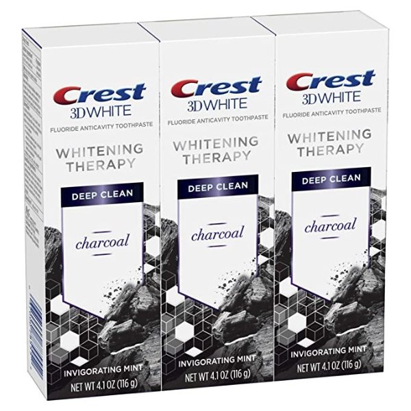 Charcoal 3D White Toothpaste, Whitening Therapy Deep Clean with Fluoride, Invigorating Mint, 4.1 Ounce, Pack of 3