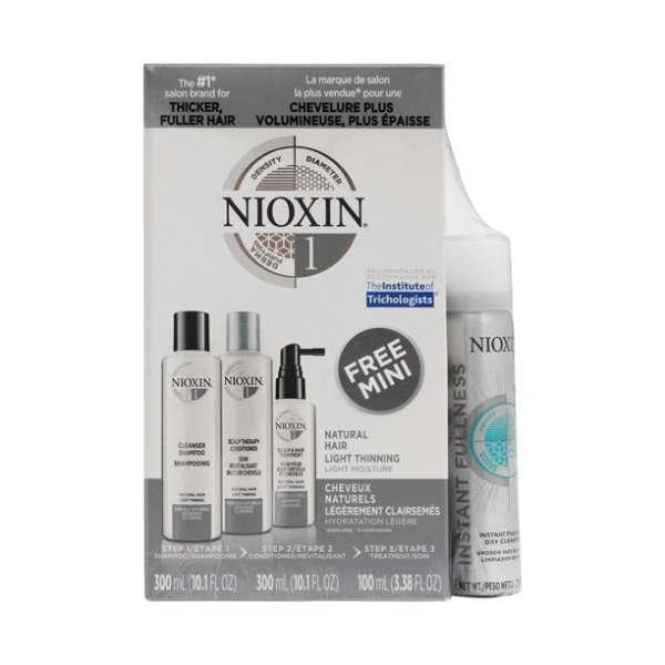 Nioxin Hair Care System 1 4PC Kit (Shampoo 300ml, Conditioner 300ml, Scalp Treatment 100ml, Instant Fullness Dry Cleanser 1.52oz)
