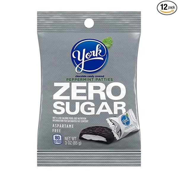 YORK Zero Sugar Dark Chocolate Peppermint Patties Candy, Bulk, 3 Ounce (Pack of 12)
