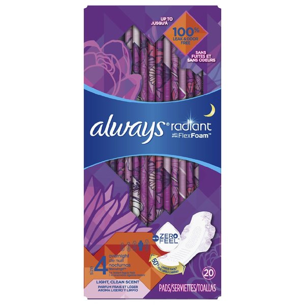 Radiant, Overnight Sanitary Pads With Wings, Scented Size 4