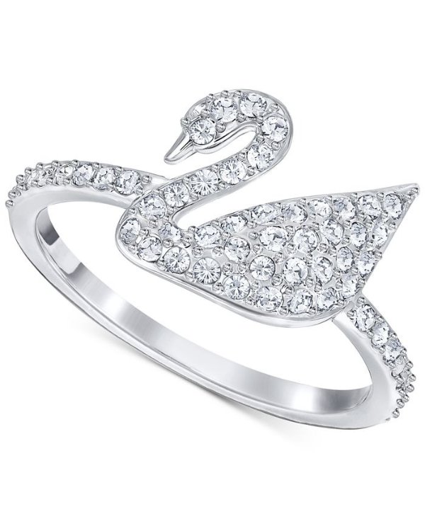 Silver-Tone Crystal Swan Logo Ring