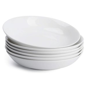 Teocera Pasta Bowls, Salad Serving Bowls Set, Wide and Shallow, 22 Ounce Porcelain Bowl, Microwave and Dishwasher Safe - Set of 6, White